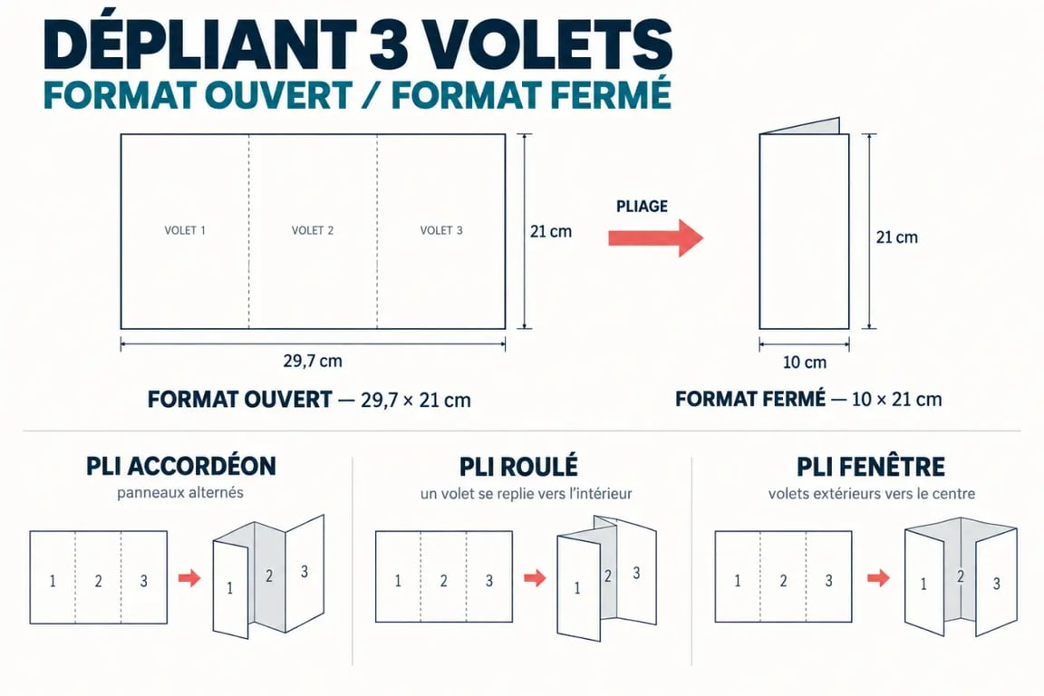 Infographie sur le dépliant 3 volets format ouvert et fermé avec les différents types de pliage