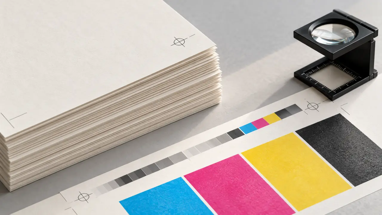 Feuilles imprimées en offset avec nuanciers et repères de contrôle colorimétrique