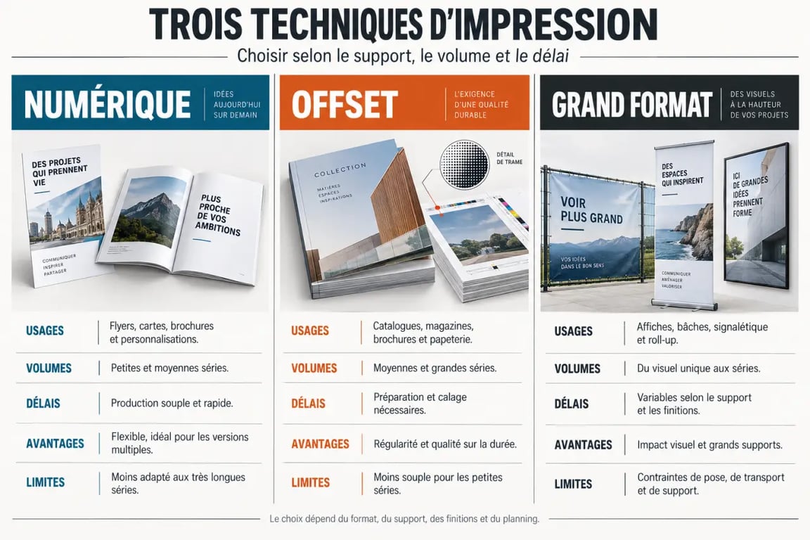 Devis imprimerie : comparaison des techniques numérique, offset et grand format