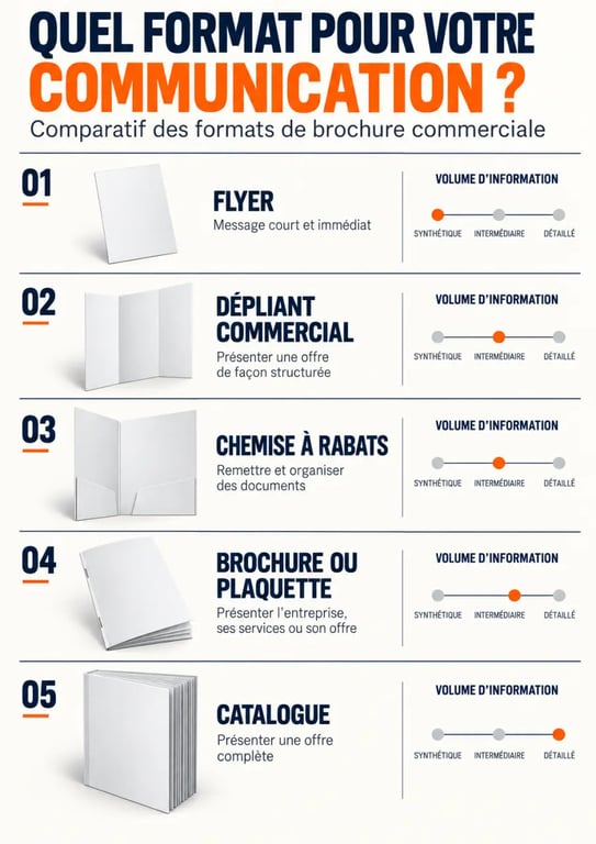Infographie comparative des formats de brochure commerciale, du flyer au catalogue
