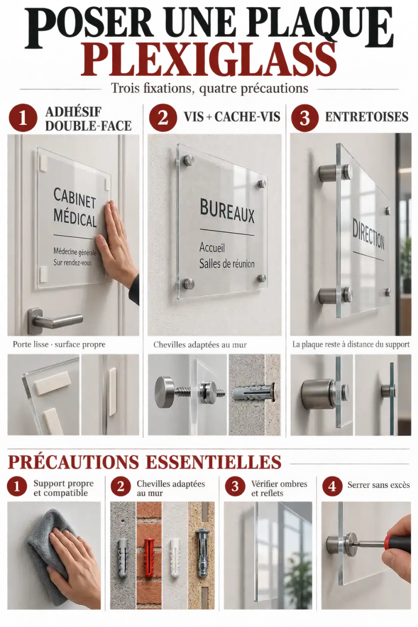 Schéma des fixations possibles pour une plaque professionnelle plexiglass