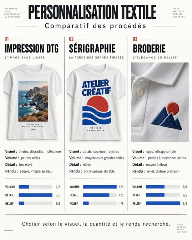 Infographie comparative du digital print textile, de la sérigraphie et de la broderie