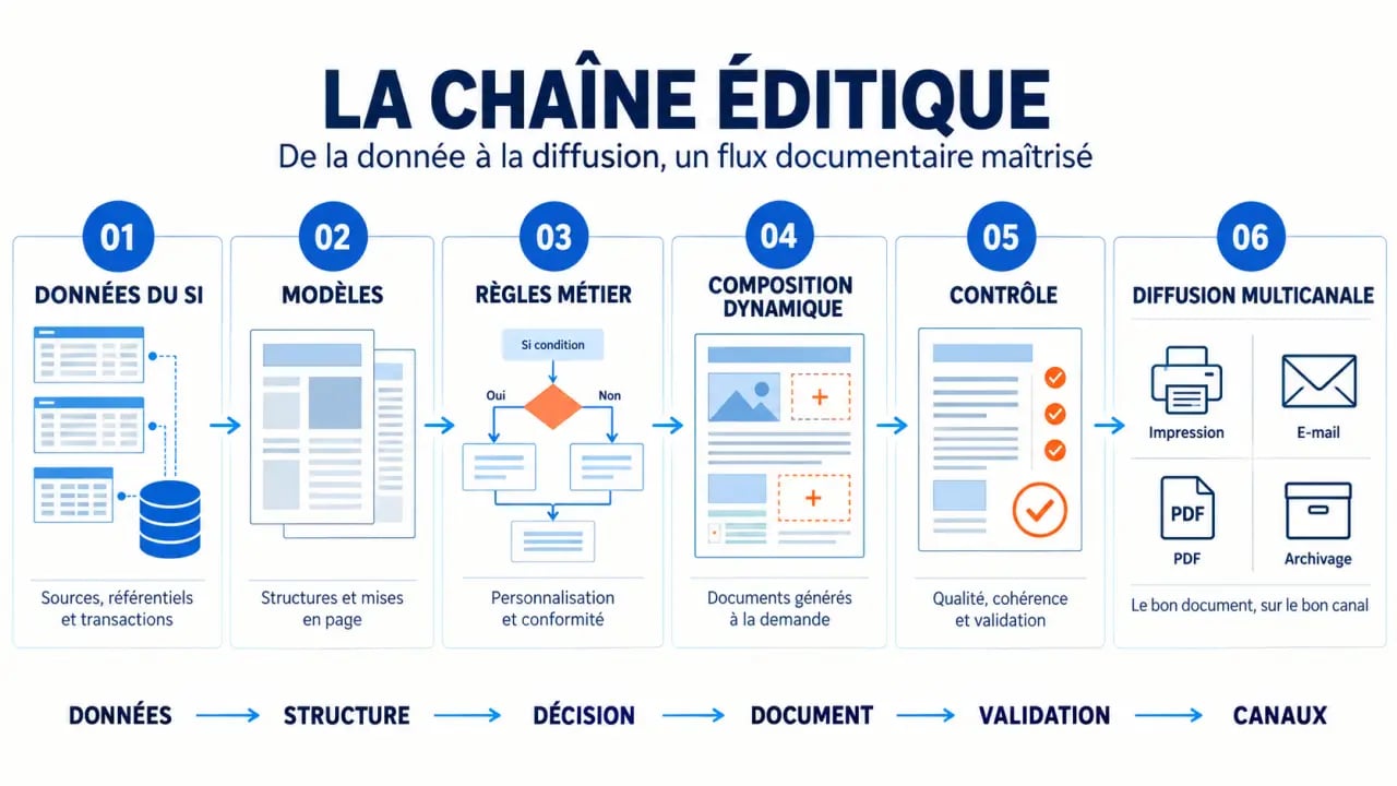 Schéma de la chaîne éditique, des données du système d’information à la diffusion multicanale