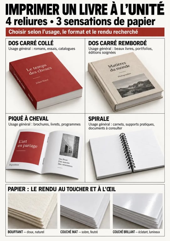 Infographie des reliures et papiers pour une impression livre à l’unité