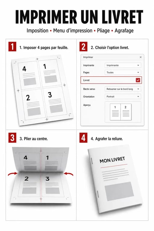 Comment imprimer un livret : schéma du mode livret, du recto-verso au pliage final