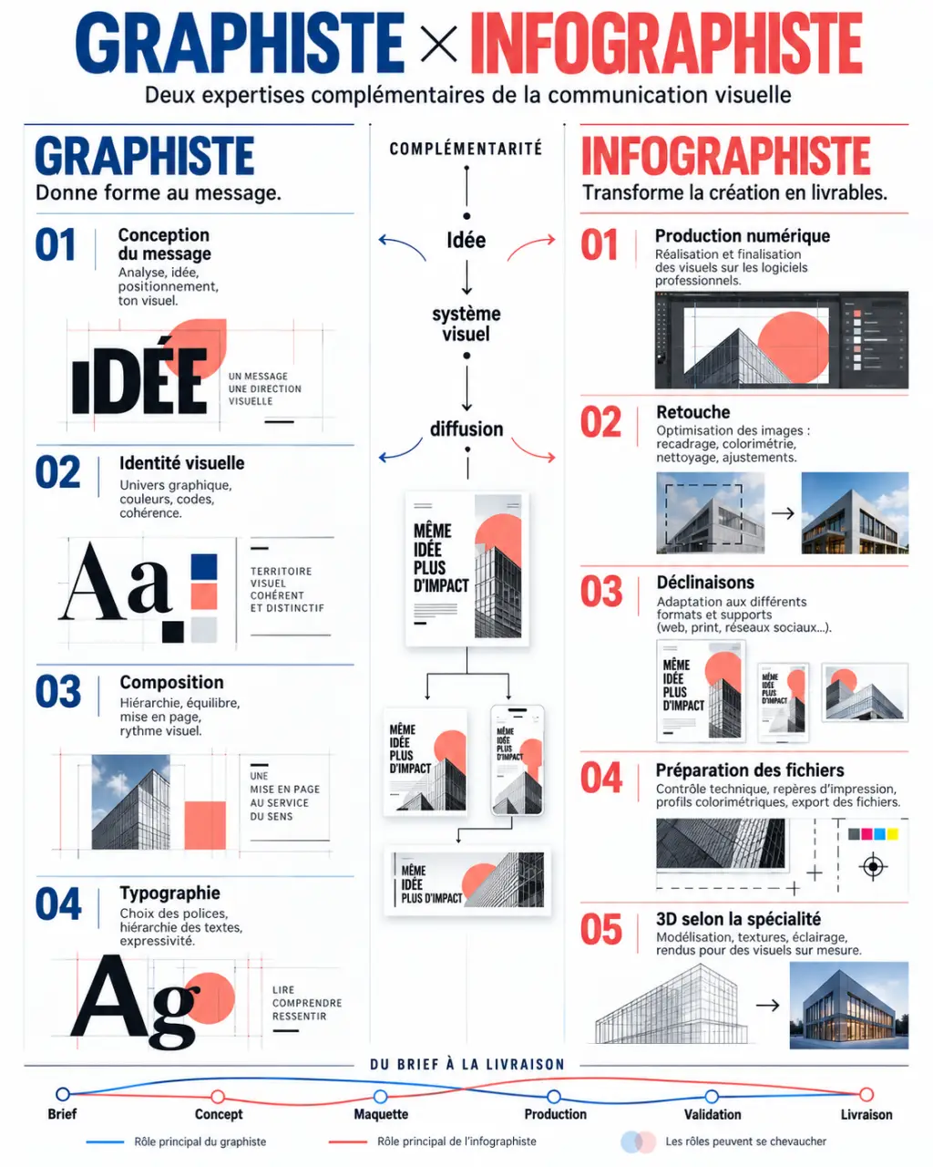 Infographie comparative des métiers de graphiste et infographiste, de la conception visuelle à la production numérique