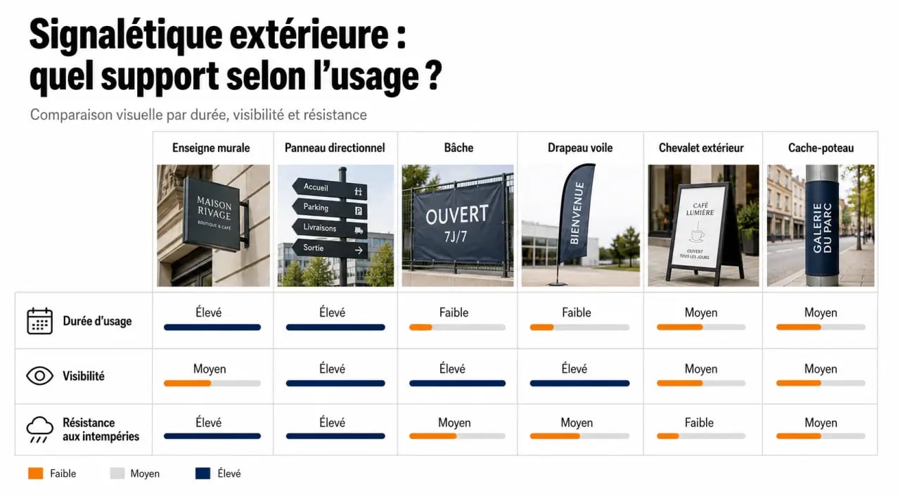 Signalétique extérieure : visuel comparatif des supports selon l’usage, la visibilité et la résistance