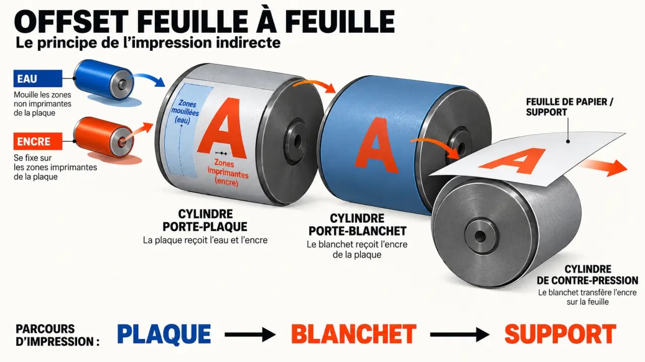 Schéma du fonctionnement de l’impression offset avec le parcours plaque blanchet support