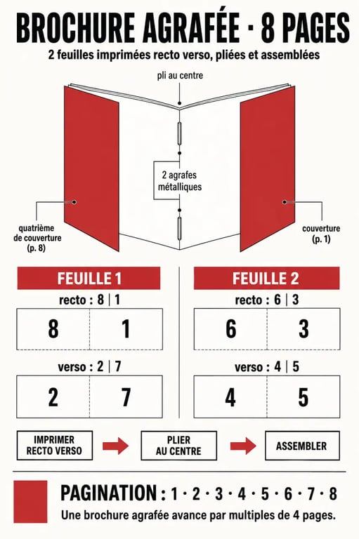 Schéma de fabrication d’une brochure agrafée 8 pages avec deux feuilles et deux agrafes métalliques