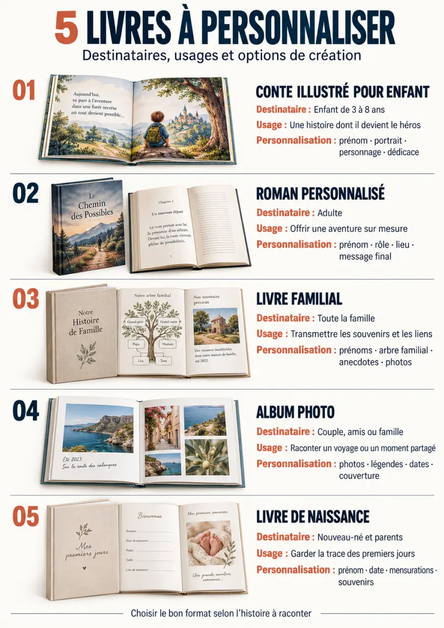 Infographie des différents types de livre à personnaliser selon le destinataire et les options