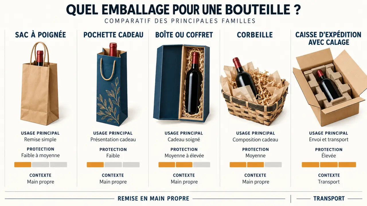Infographie comparative des solutions d’emballage bouteille pour cadeau et expédition