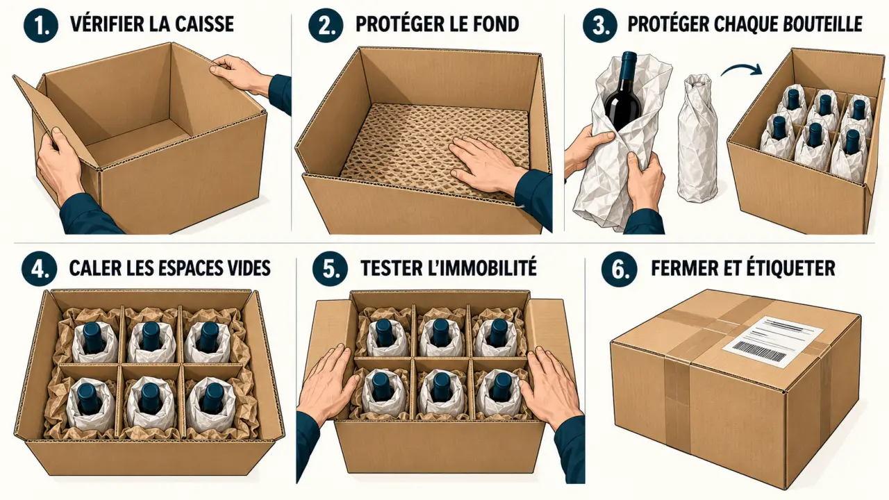 Étapes de calage et de fermeture d’un emballage bouteille pour l’expédition