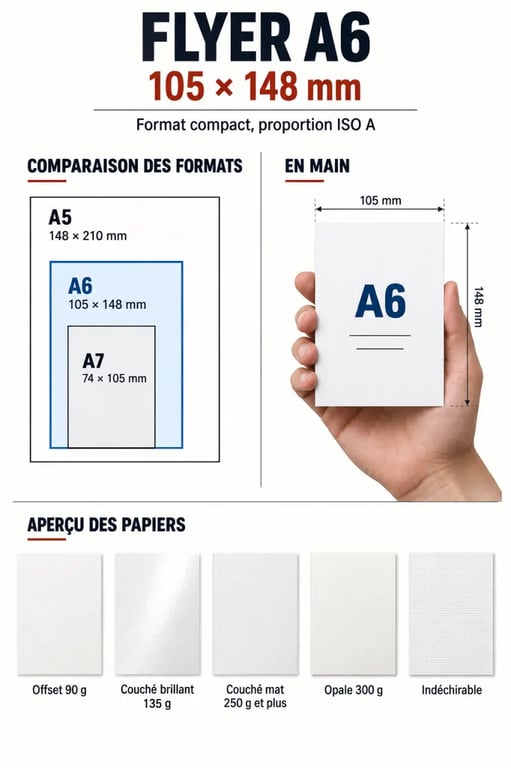 Infographie sur le flyer A6 de 105 x 148 mm et les principaux papiers d’impression