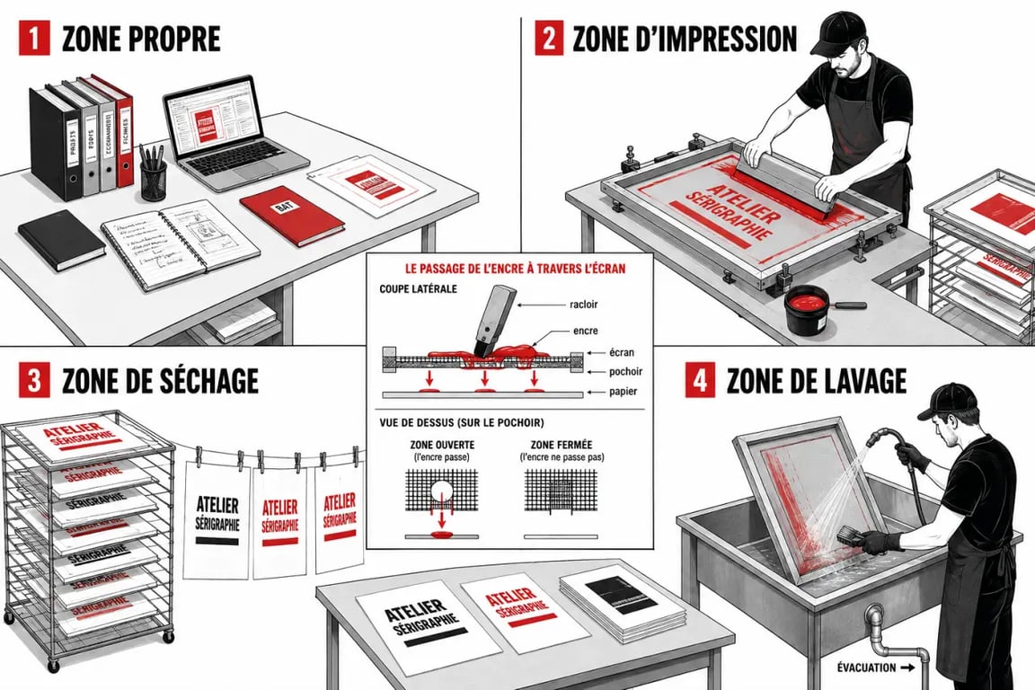 Atelier sérigraphie : zones de travail et impression artisanale