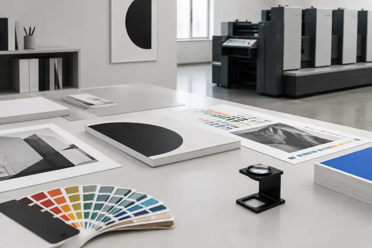 Design graphique minimaliste et presse offset de précision