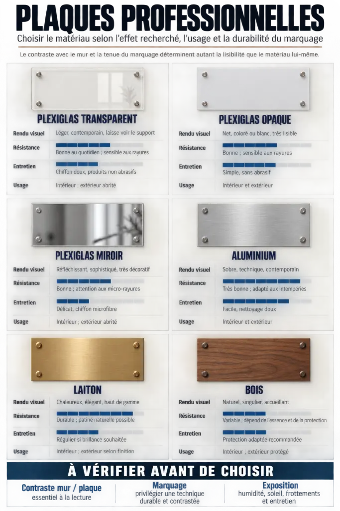 Infographie comparative pour choisir une plaque professionnelle plexiglass ou un autre matériau
