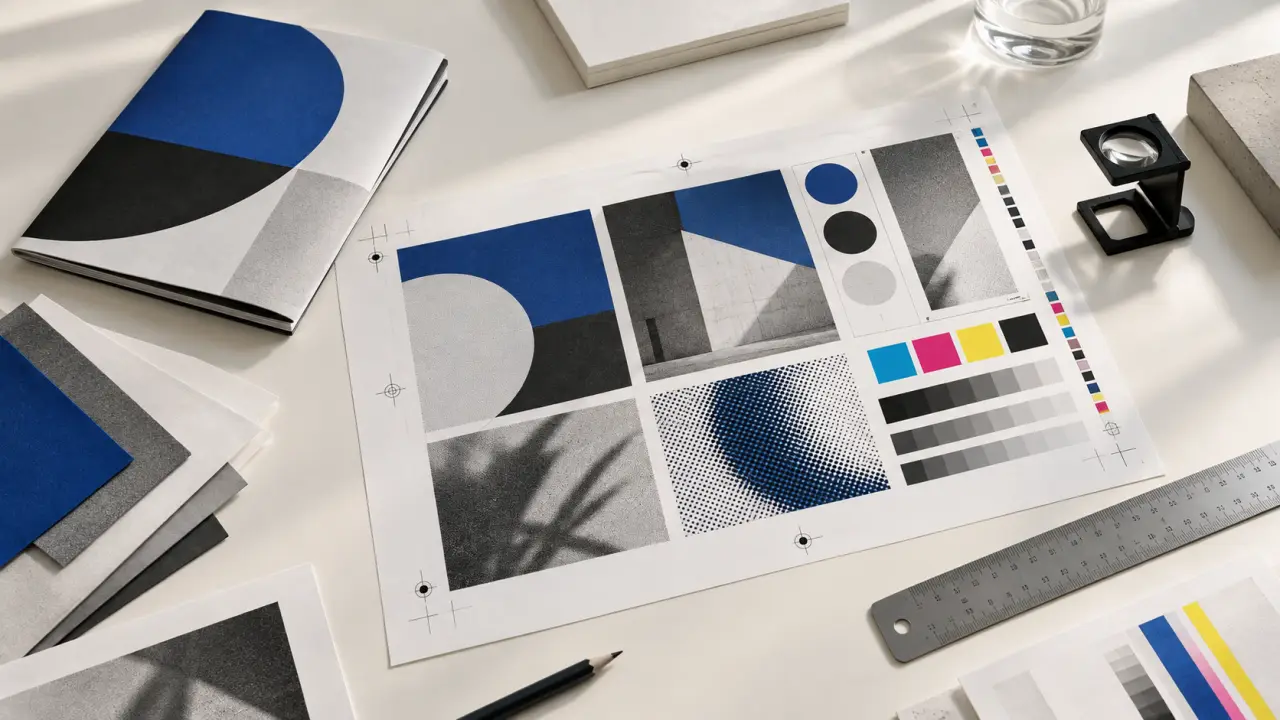 Documents graphiques alignés sur une table de travail, préparés pour la validation d'une charte imprimée