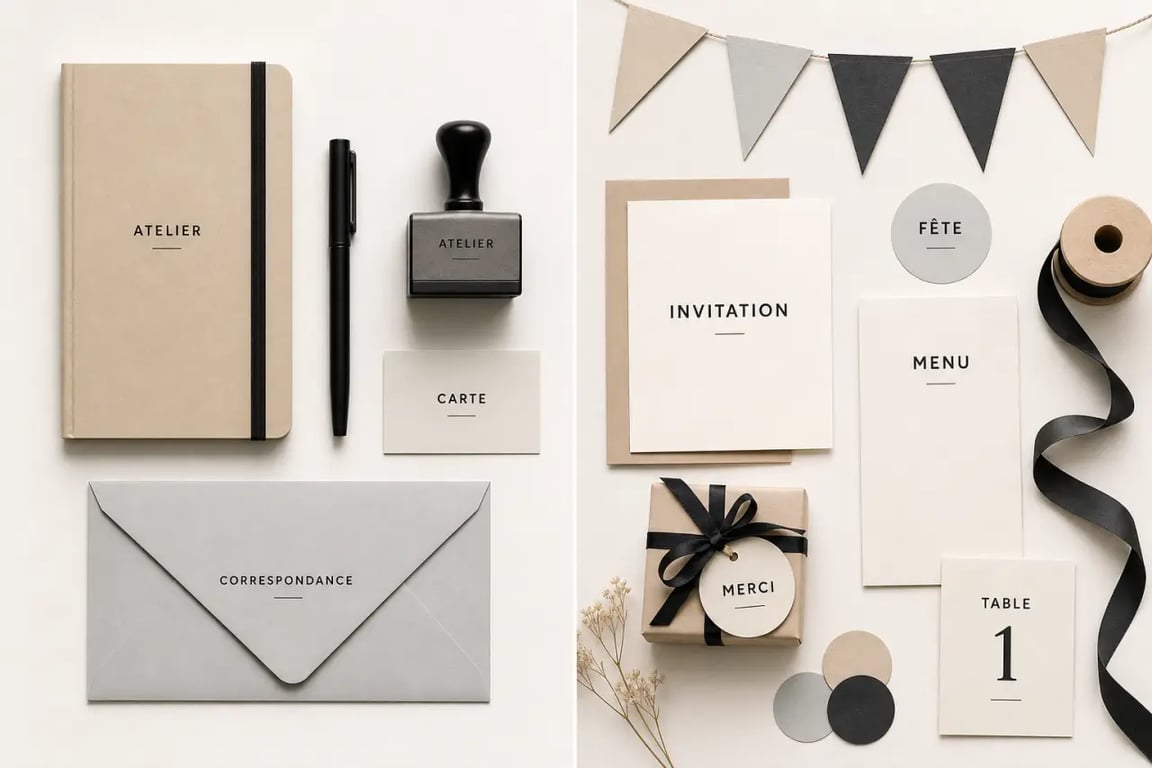 Papeterie personnalisée présentée en contexte professionnel et événementiel, avec carnets, enveloppes, cartes, stylos, stickers et tampons assortis