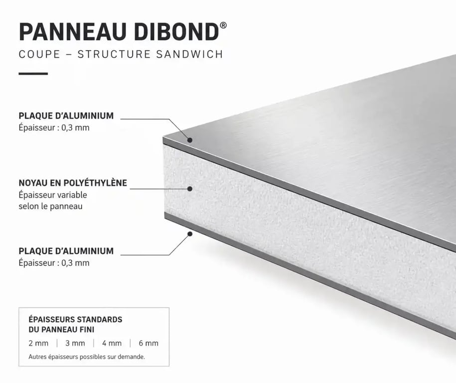 Schéma du panneau Dibond en coupe avec structure sandwich