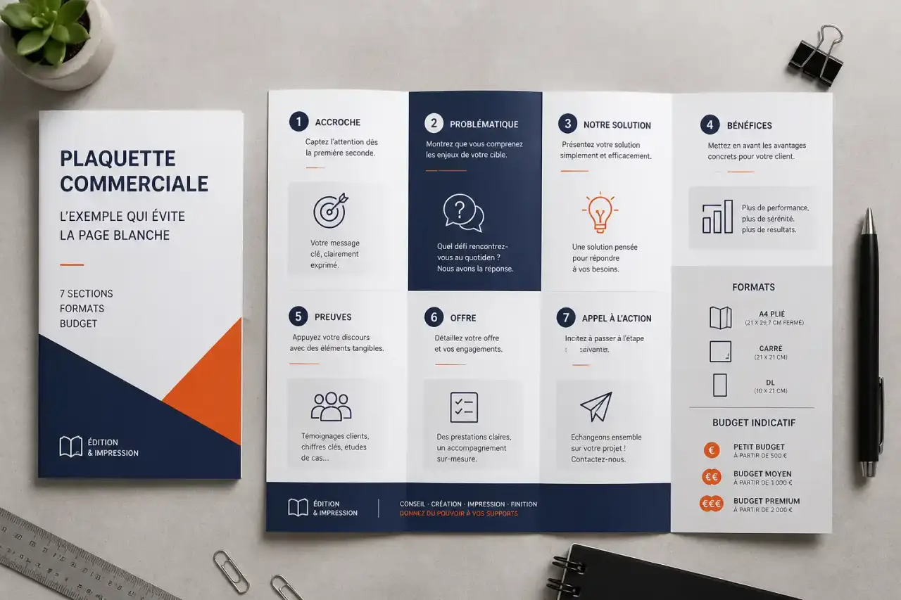 Plaquette commerciale : l'exemple qui évite la page blanche (7 sections, formats, budget)