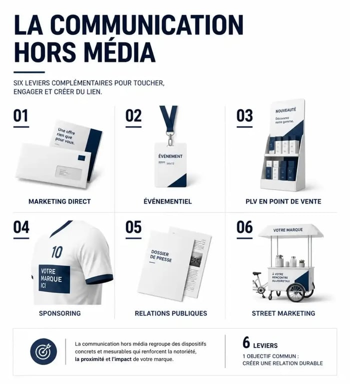 Infographie des techniques de communication hors média : marketing direct, événementiel, PLV, sponsoring, RP, street marketing