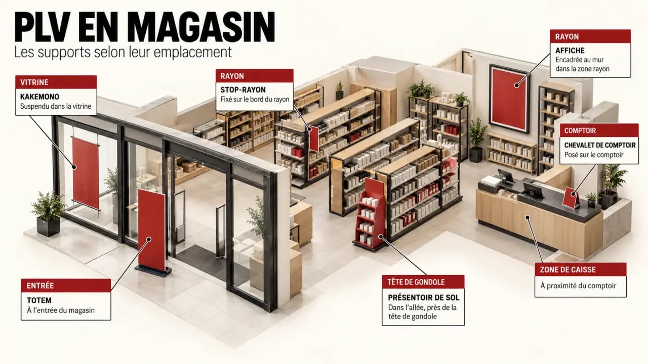 PLV magasin : exemples de supports selon les emplacements dans un point de vente
