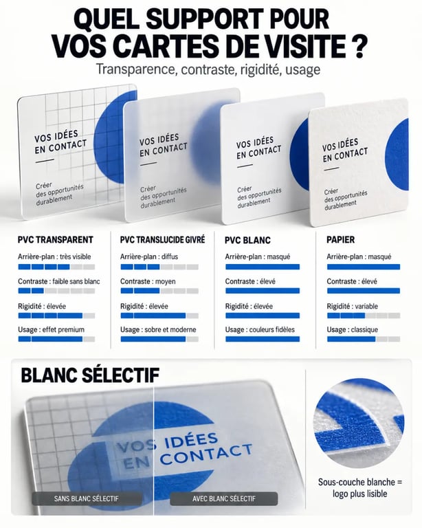 Infographie comparative des supports pour une carte de visite transparente, translucide, blanche ou papier