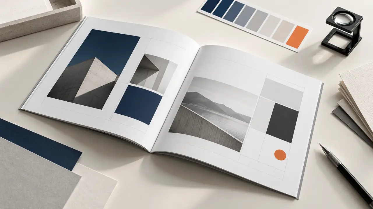 Brochure corporate ouverte, mise en page épurée et papier soigneusement sélectionné