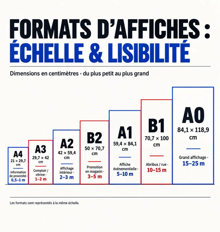 Formats d’affiches A4, A3, A2, B2, A1, B1 et A0 comparés avec leurs dimensions