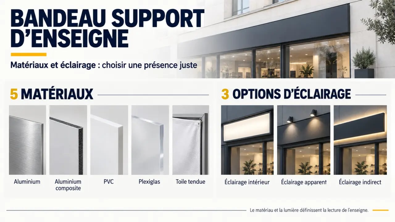 Infographie sur les matériaux et éclairages d’un bandeau support d’enseigne