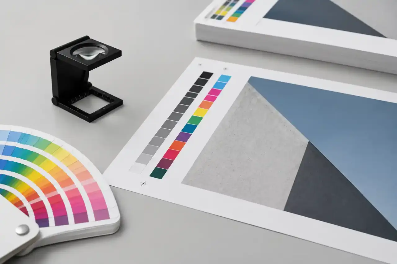 Nuanciers et épreuves imprimées préparés pour contrôler les couleurs d'un projet éditorial