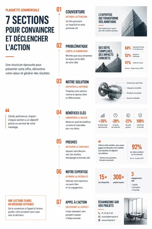 Exemple plaquette commercial : structure des 7 sections avec hiérarchie visuelle
